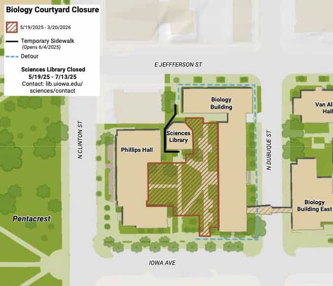 Map showing detour from south side of building around the Biology Building to gain access during fall 2025 construction.