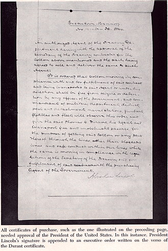 President Lincoln's signature is appended to an executive order written on the verso of the Durant certificate.
