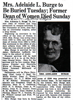 Obituary for Adelaide Burge, 1947