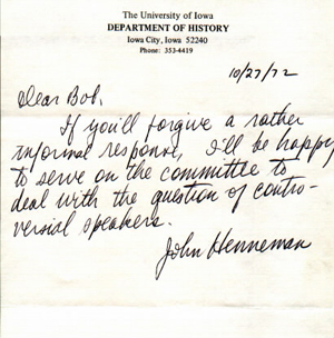 Memo, John Henneman to Robert A. Corrigan, 1972