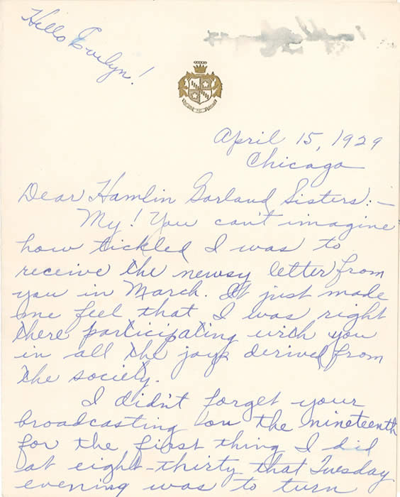 Former member of Hamlin Garland Literary Society, letter dated April 15, 1929
