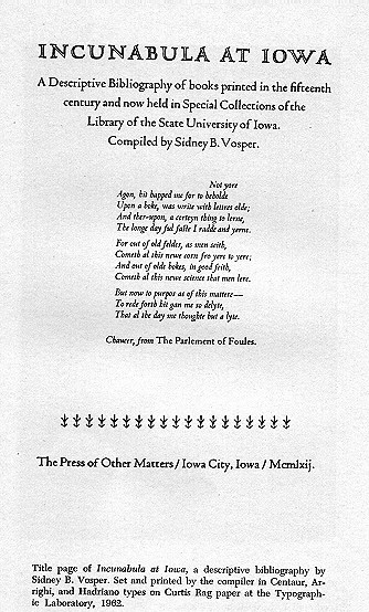 Page one of "Incunabula at Iowa"