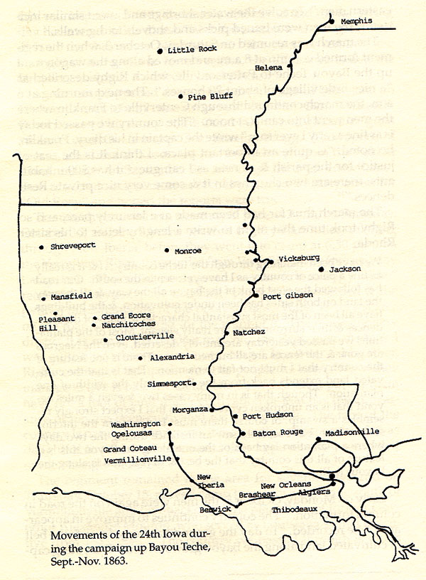 Map of primarily Louisiana showing the movements of the 24th Iowa during the campaign up Bayou Teche, Sept.-Nov. 1863.