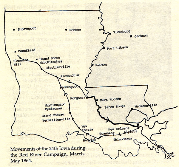 Map of Louisiana showing the movements of the 24th Iowa during the Red River Campaign, March-May 1864.