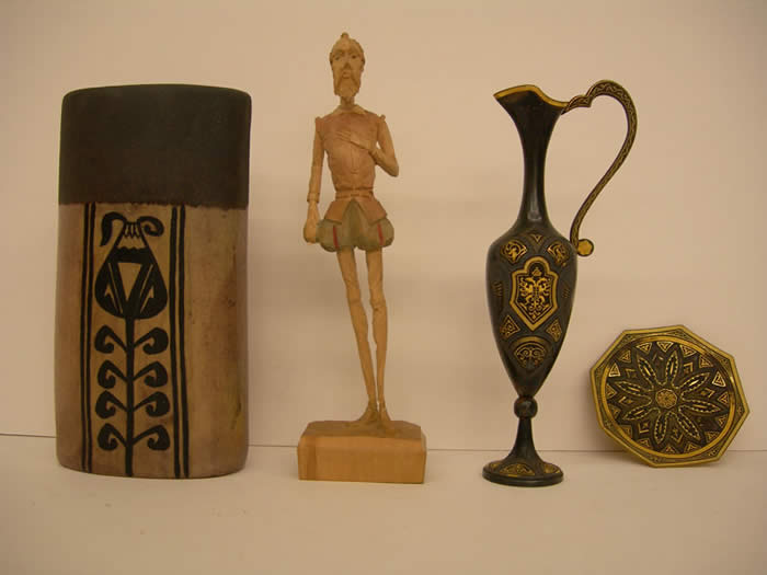 Vase, Hand-carved Miniature, Grecian Pitcher, Damascene Plate