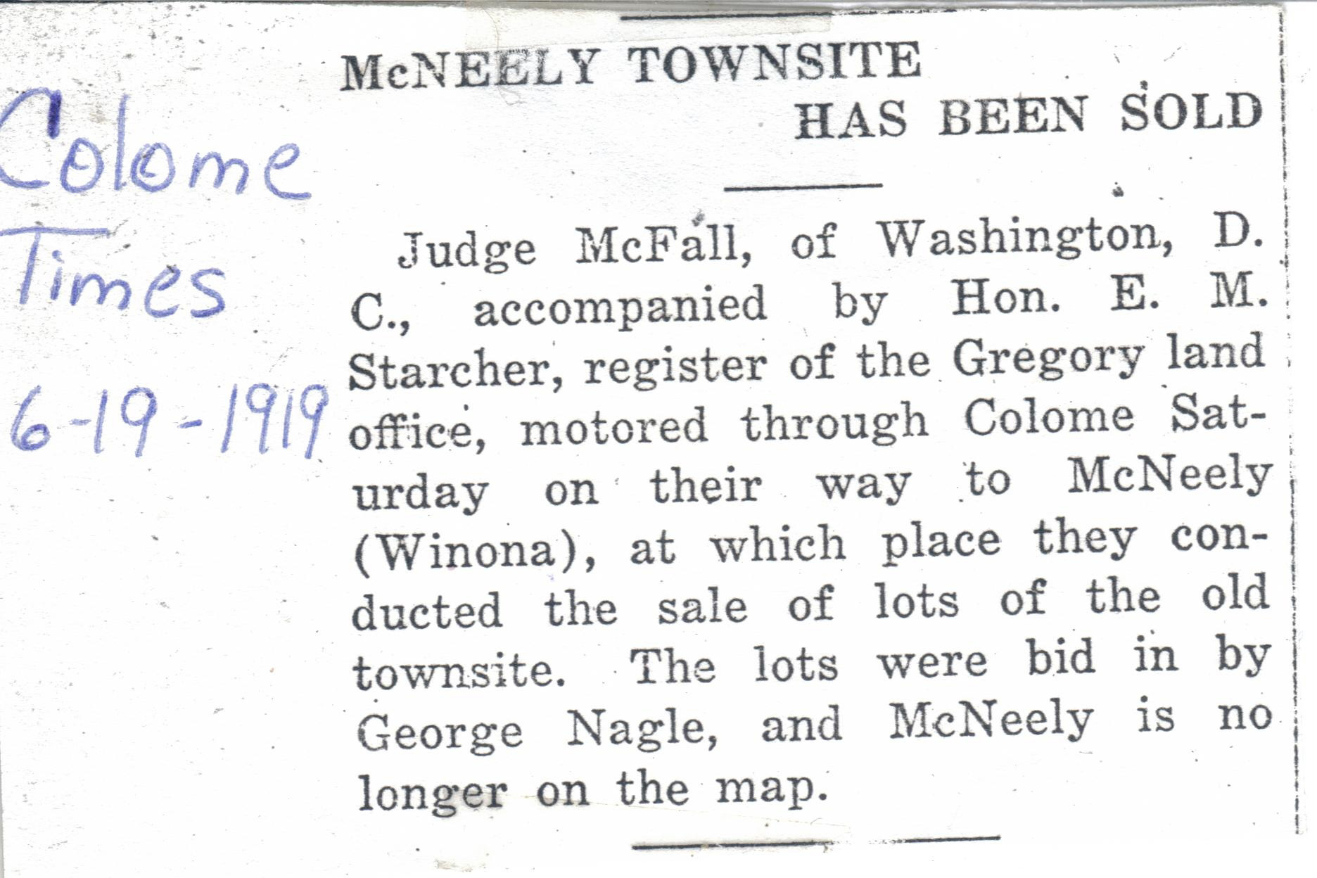 McNeely townsite sold