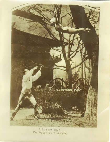 Fay Adler leaping out of a tree into Ted Bradford's arms