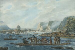 A painting of individuals crossing a river