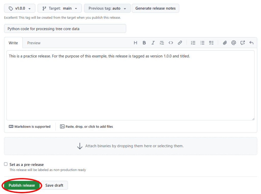 Screenshot from GitHub showing the Publish Release page with the green "Publish Release" button circled in red.