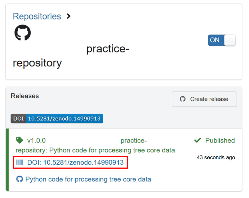 Screenshot in Zenodo showing the GitHub release with DOI bordered in red.