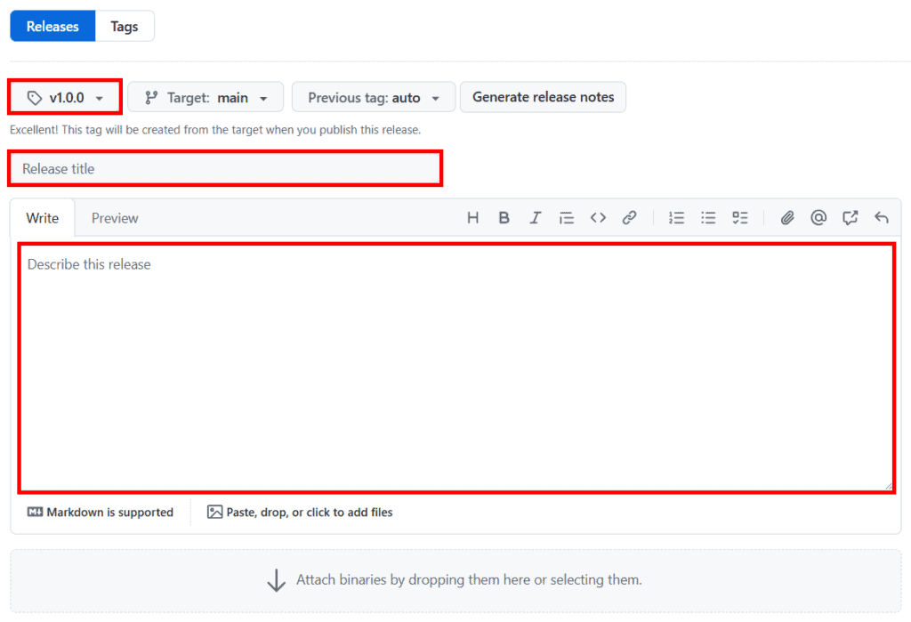 Screenshot showing GitHub page with red borders around the tag information, title information, and description information.