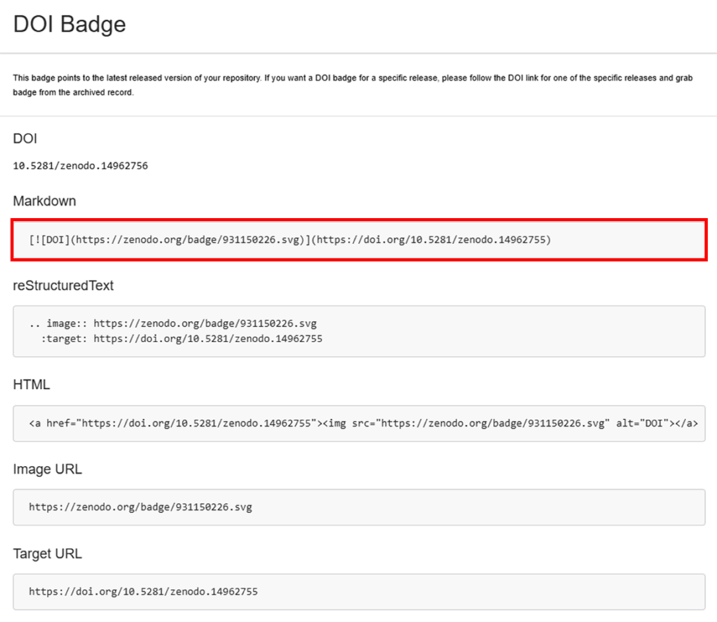 Screenshot of markdown language for DOI badge.