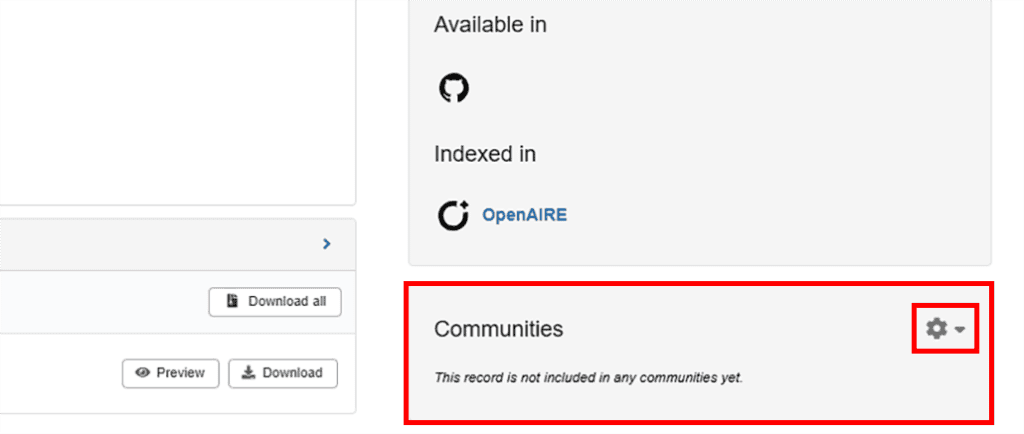 Screenshot in Zenodo of the Communities section. There is a border around the section.