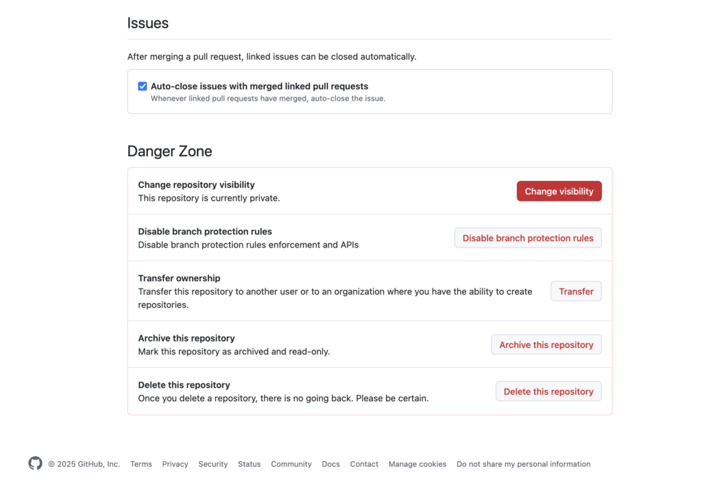 Screenshot of GitHub repository settings page Danger Zone section with Change Visibility button highlighted in red