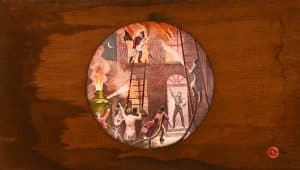 Magic lantern slide with wooden frame, depicting firefighters rescuing people from a building on fire