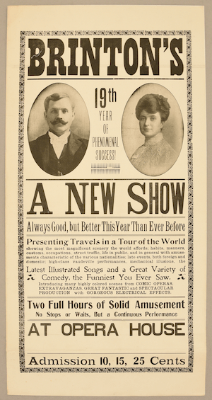 "Brinton's 19th Year of Phenomenal Success!" Poster with photos of Frank and Indiain andtext describing their new show