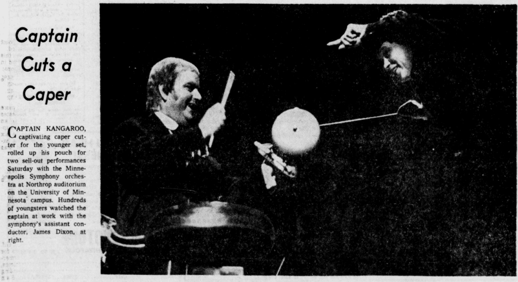 Newspaper photo of James Dixon with Captain Kangaroo in 1961.