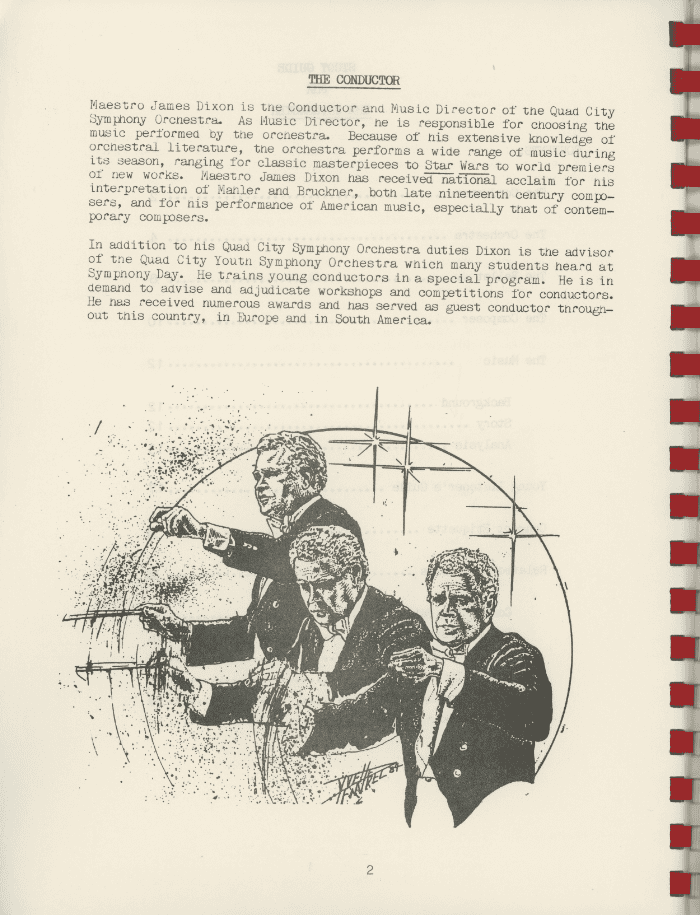 Illustration of James Dixon conducting, with typed words. A transcription is available on this page.