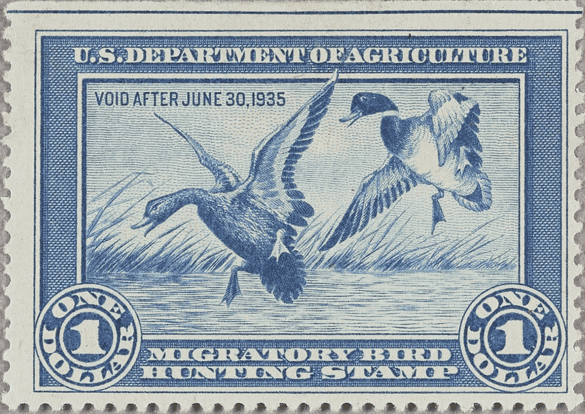 Blue stamp featuring an illustration of two mallards landing in a pond.