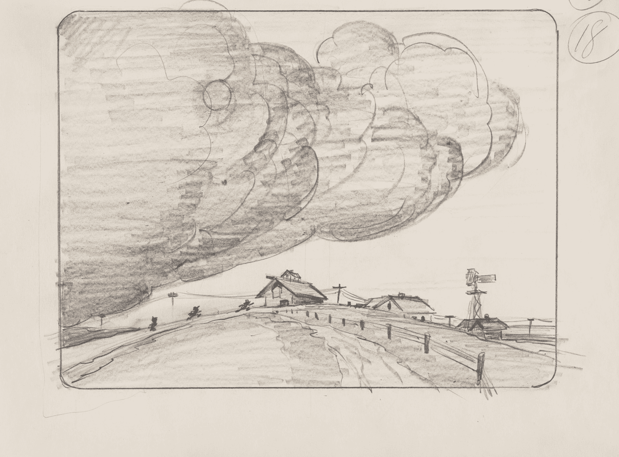 A dust storm approaches a small farm in this sketch.