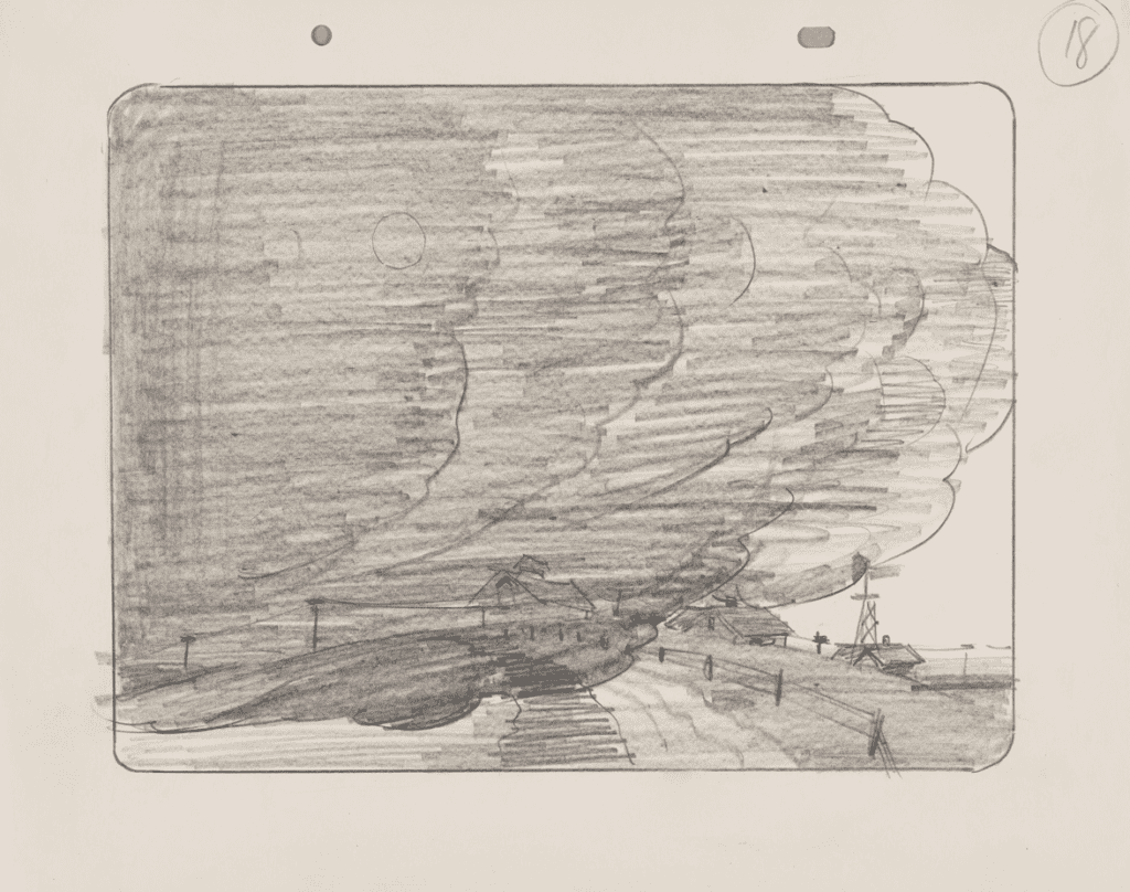 Sketch of dust overtaking a small farm