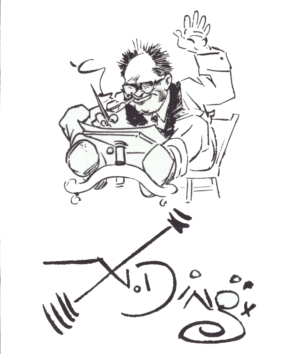 Doodle of Ding Darling, a middle aged man, smoking a pipe and drawing at his drafting desk.