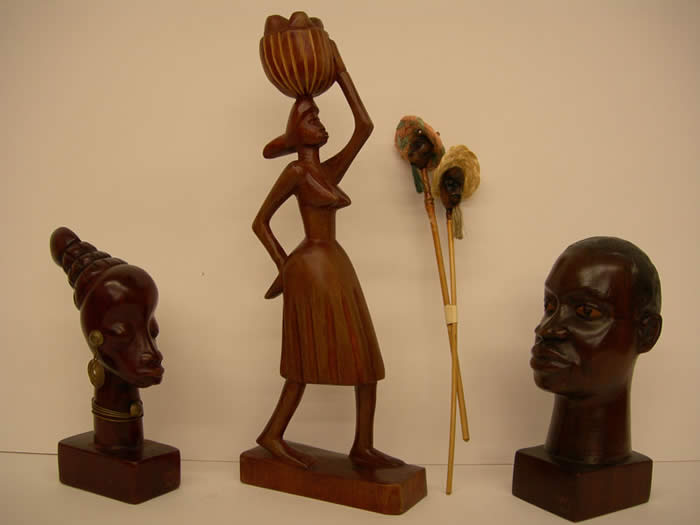 Carved Female Figures, Male Head, Miniature Carved Heads on Sticks