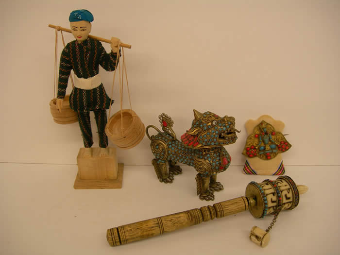 Jeweled Lion, Prayer Wheels, Pendant, Hand-carved Peasant