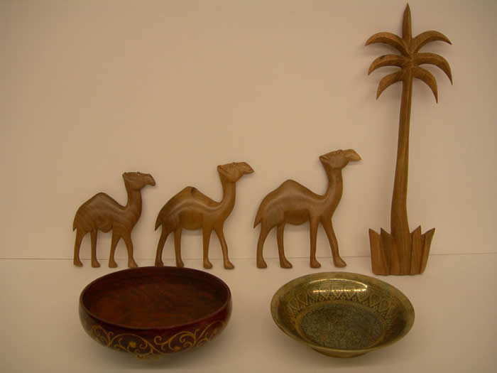 Wooden Bowl, Brass Tray, Carved Palm Tree and Camels