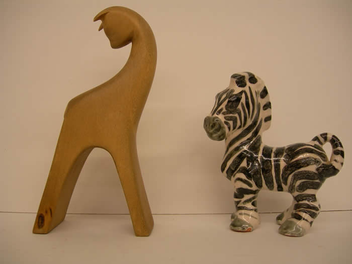 Ceramic Zebra, Wooden Cat