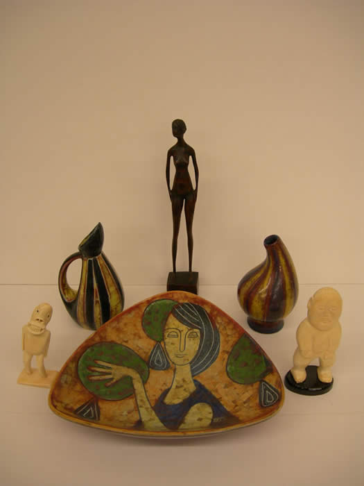 Ceramic Bowl, Bud Vase, Carved Female Figure, Walrus Ivory Figures