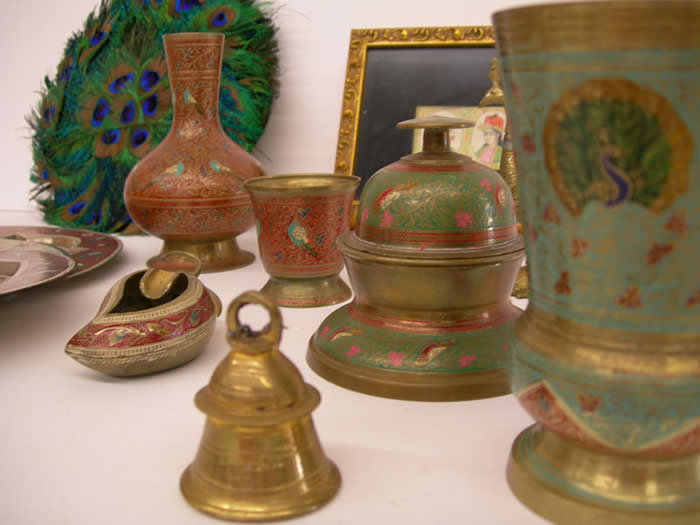 Feather Fan, Tumblers, Brass Plates, Bud Vase, Ash Tray, Bell, Kerala Doll