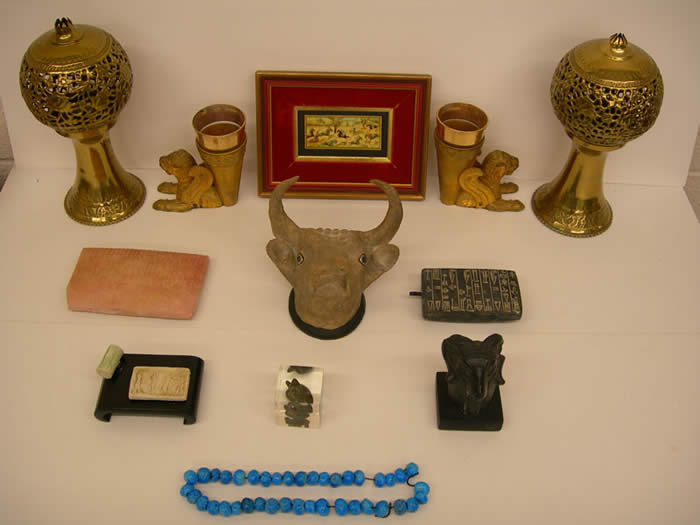 Clay Tablet, Bronze Dog, Cylinder Seal, Bull's Head,  Rhyton Replica, Brass Lamps, Miniature Painting, Ram's Head, Stone Tablet, Persian Beads