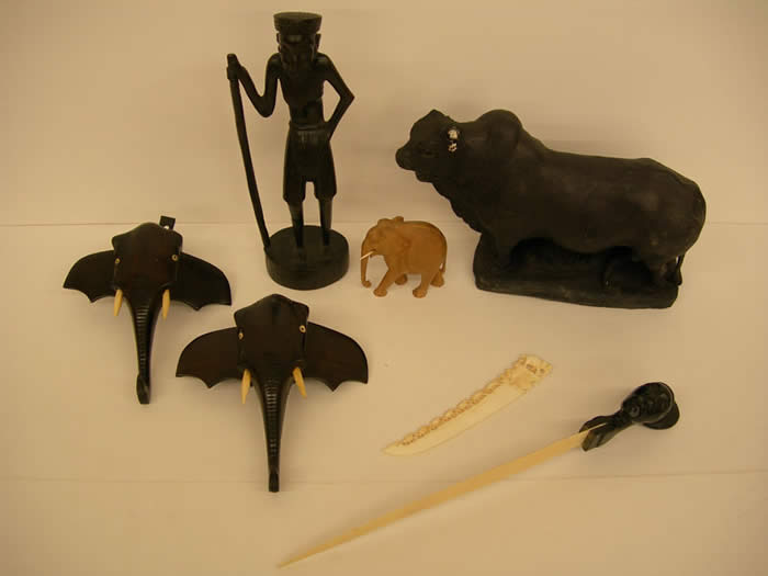 Ivory Paper Cutters, Carved Bull, Carved Elephants, Carved Kikuyu Elder