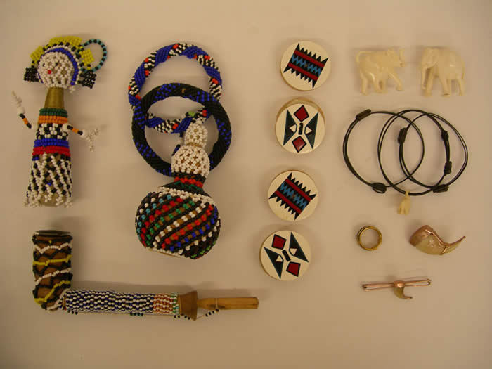 Elephant Hair Ring and Bracelets, Leopard Claw Clasp, Ivory Elephants, Ear Ornaments, Beaded Doll