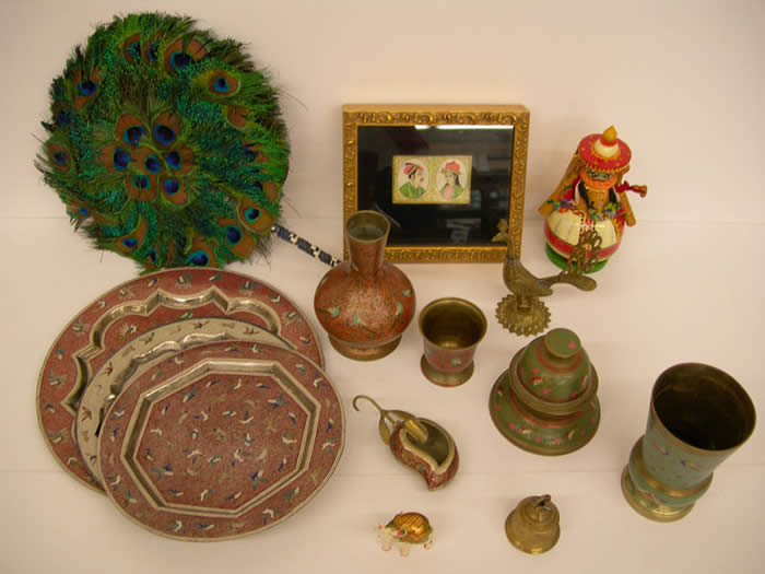 Feather Fan, Tumblers, Brass Plates, Bud Vase, Bell, Ash Tray, Brass Peacock, Kerala Doll, Ivory Elephant