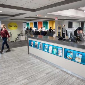 Front desk of new BizHub on the newly renovated third floor Business Library.
